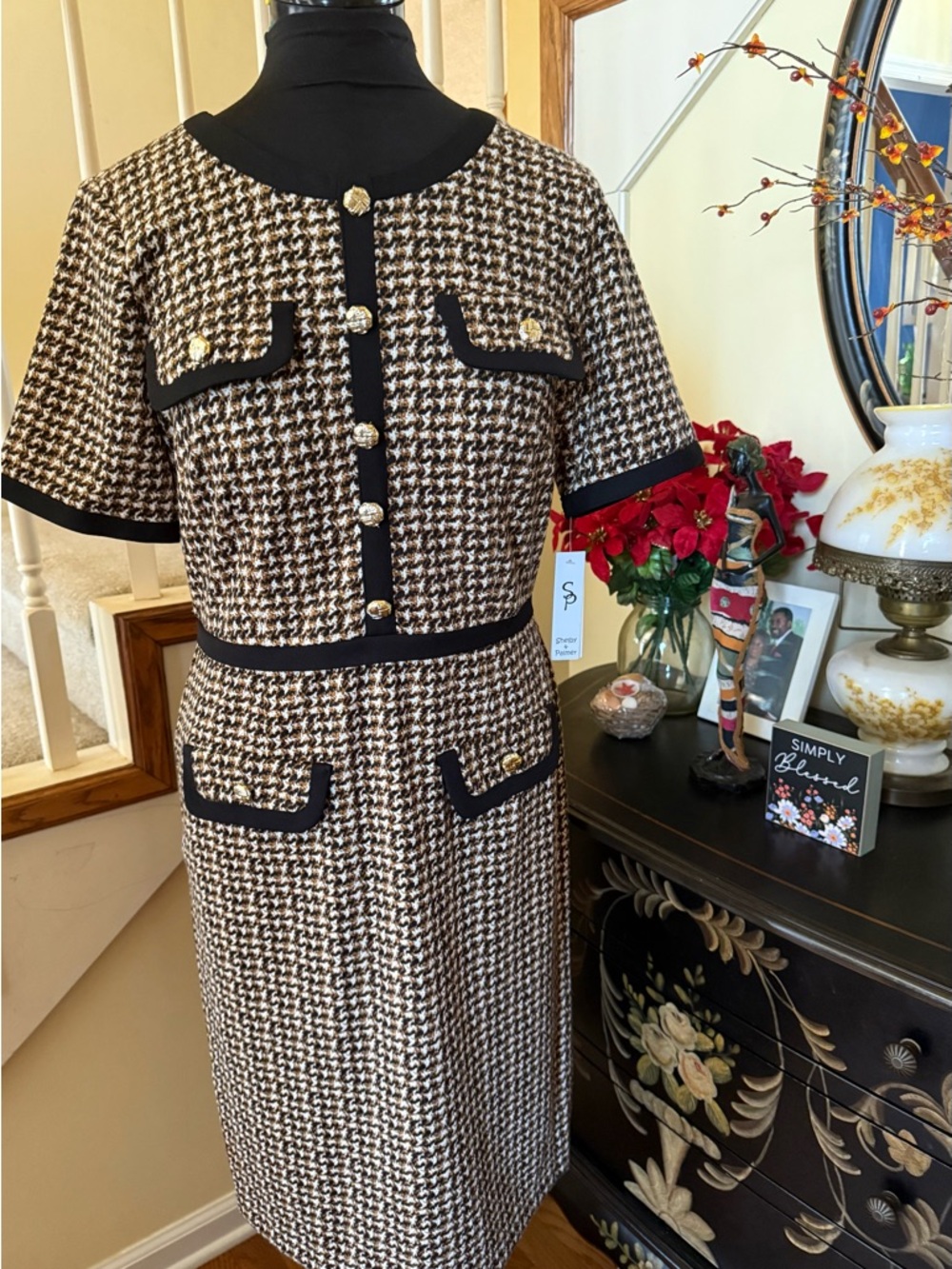 Shelby & Palmer Black and Cream Houndstooth Midi Dress
